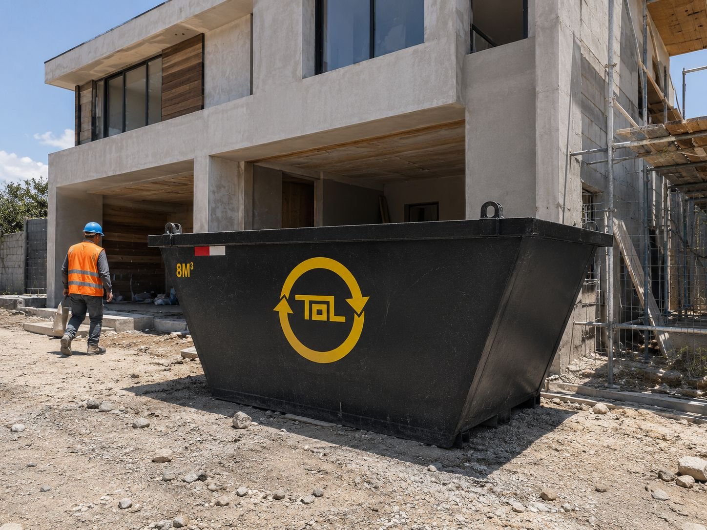 Contenedor TOL de 8 m³ con logo en obra residencial