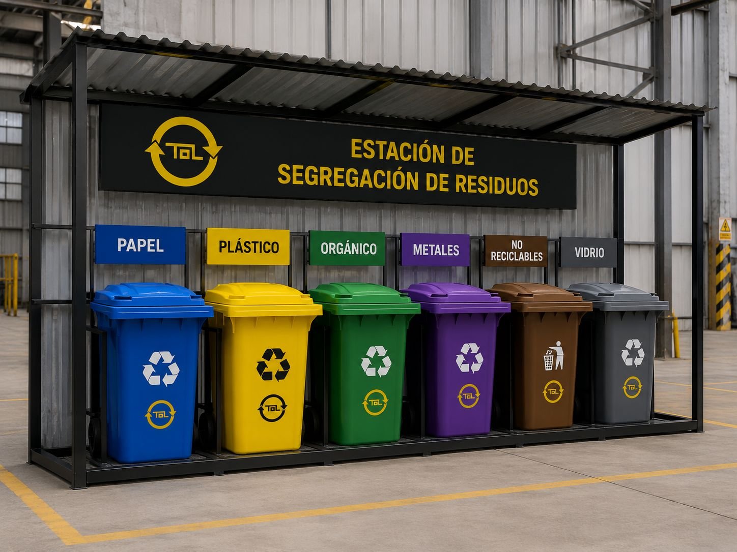 Pack completo punto limpio TOL — 6 contenedores con techo